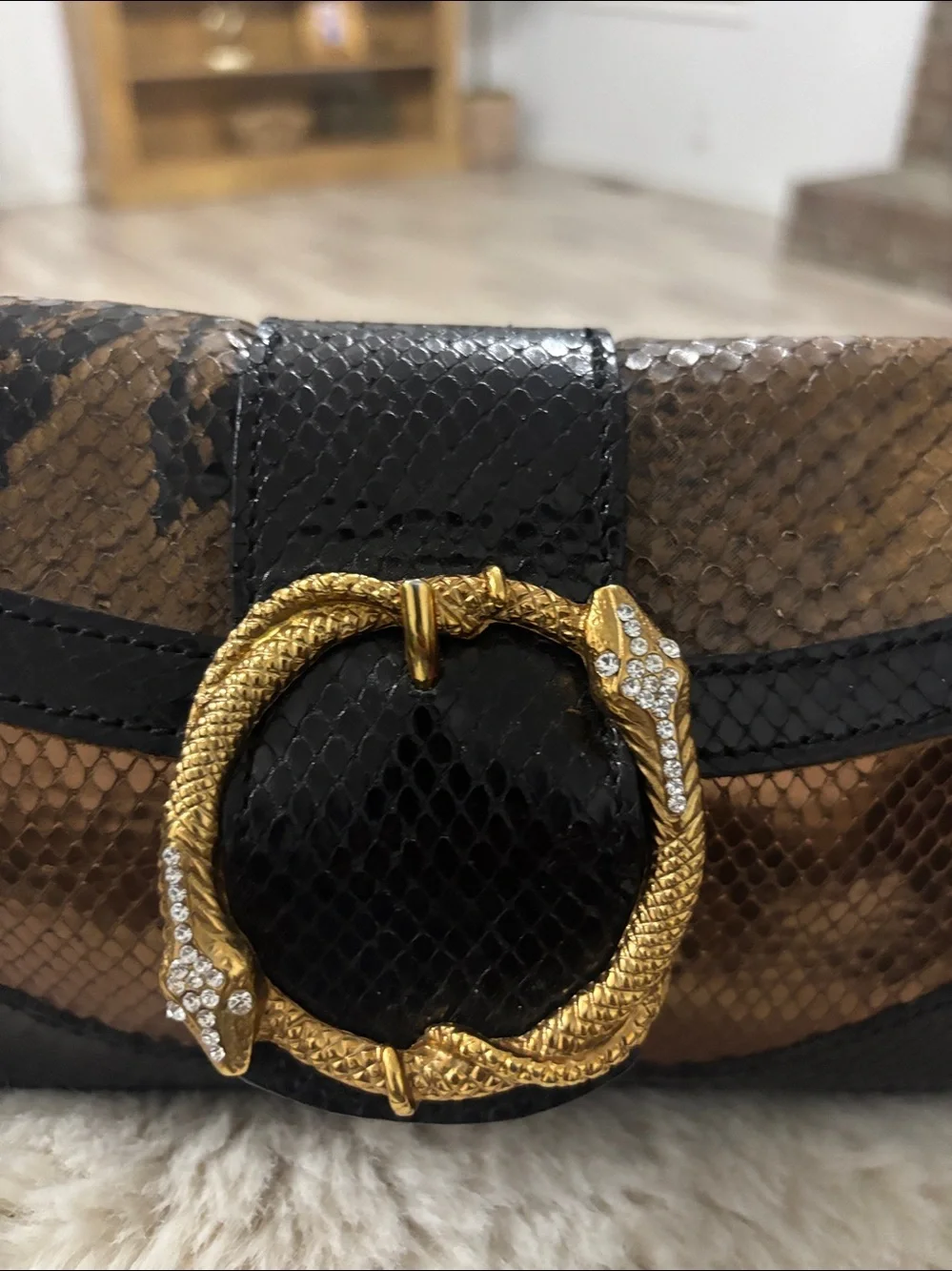 Doncaster Embossed Snakeskin Leather Clutch Bronze Gold‎ Rhinestone Snake